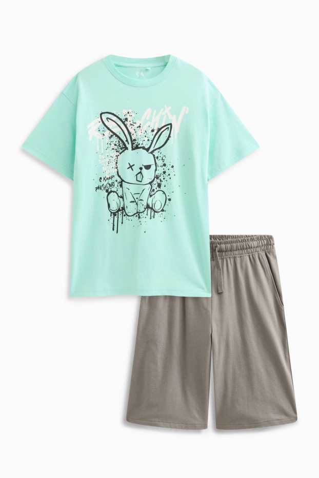 Copii - Băieți - Iepure - set - tricou cu mânecă scurtă și pantaloni scurți - 2 piese - turcoaz