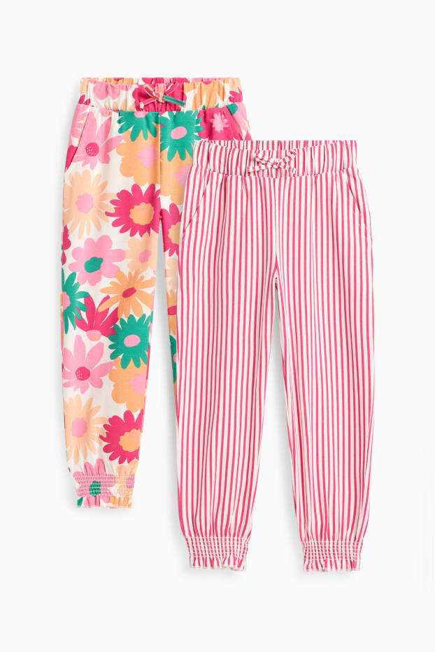 Kinder Mädchen - Multipack 2er - Blumen - Stoffhose - weiß / rot