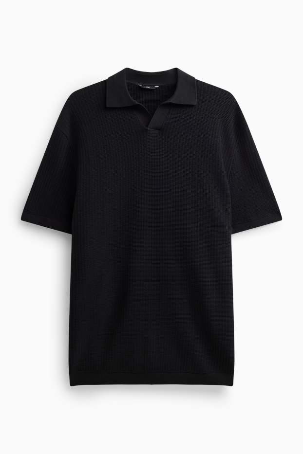 Heren - Gebreid poloshirt - relaxed fit - met structuur - zwart