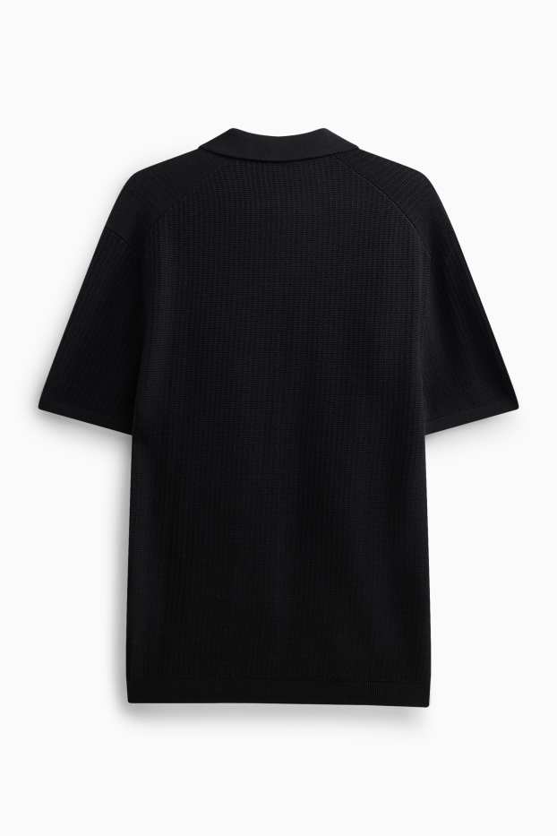 Heren - Gebreid poloshirt - relaxed fit - met structuur - zwart