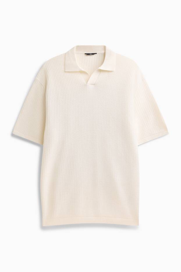 Heren - Gebreid poloshirt - relaxed fit - met structuur - crème wit