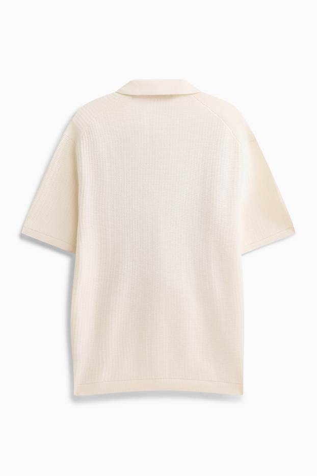 Heren - Gebreid poloshirt - relaxed fit - met structuur - crème wit