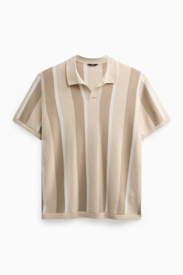 Men - Knitted polo shirt - regular fit - striped - textured - beige