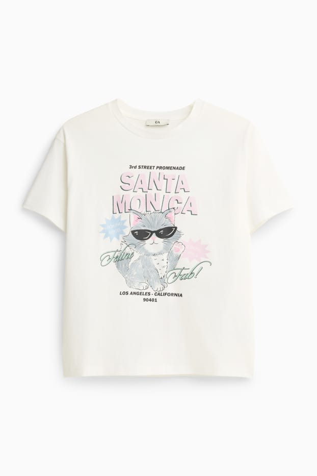 Copii - Fete - Pisică - tricou cu mânecă scurtă - aspect lucios - alb