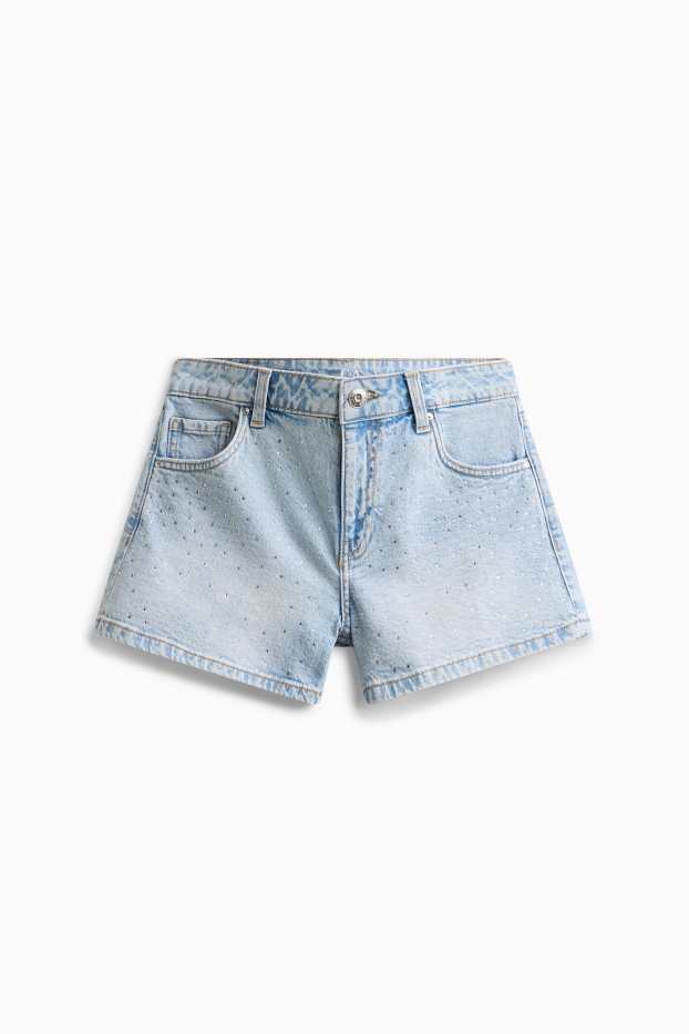 Kinder Mädchen - Jeans-Shorts mit Strasssteinen - hellblau