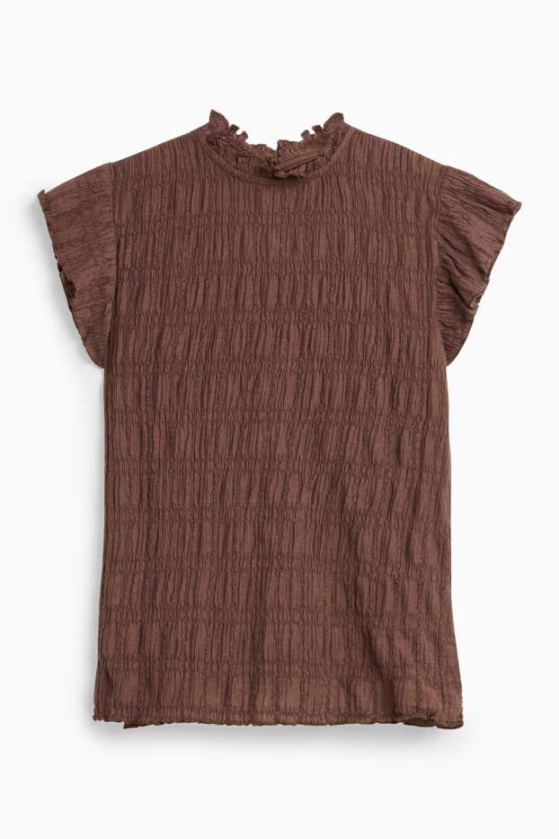 Women - T-shirt - regular fit - smocked - brown