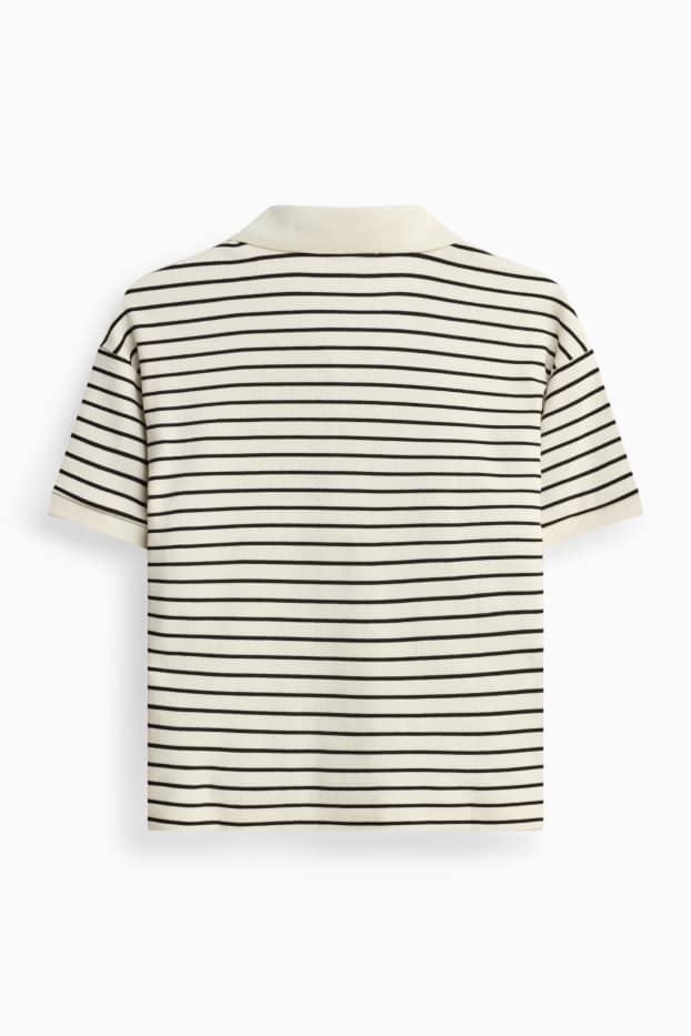 Damen - Strick-Poloshirt - Regular Fit - gestreift - weiß / schwarz