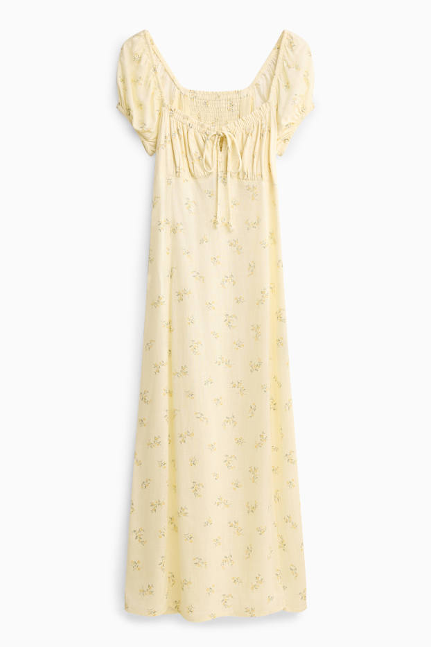 Dámské - Šaty s rozparkem - s květinovým vzorem - s žabičkováním - žlutá