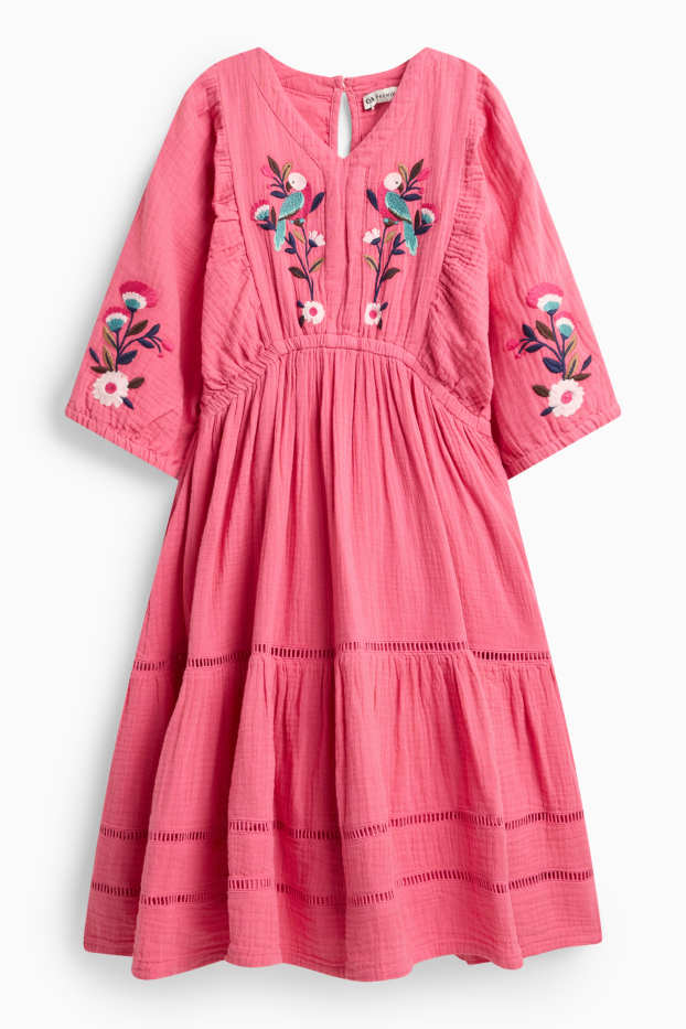 Kinderen: meisjes - Bloem - jurk van mousseline - fuchsiarood