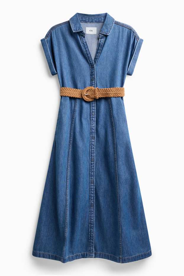 Dames - Denim blousejurk met V-hals en riem - jeansblauw