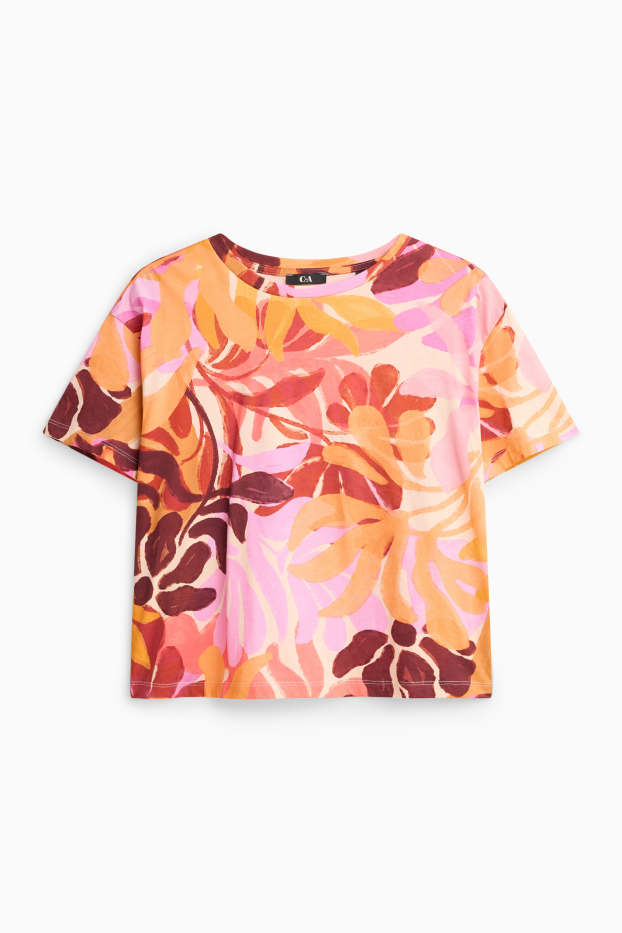 Femmes - T-shirt - regular fit - à fleurs - rose pâle / orange