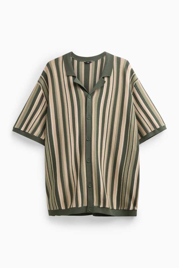 Home - Camisa de punt de mitja - regular fit - coll solapa - de ratlles - caqui