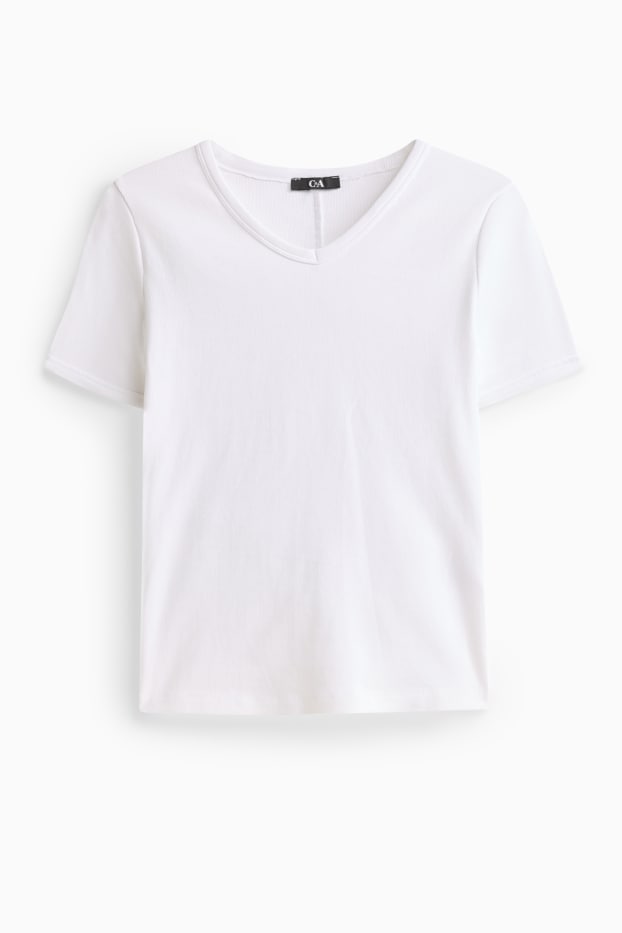 Donna - T-shirt con scollo a V - slim fit - a coste fini - bianco