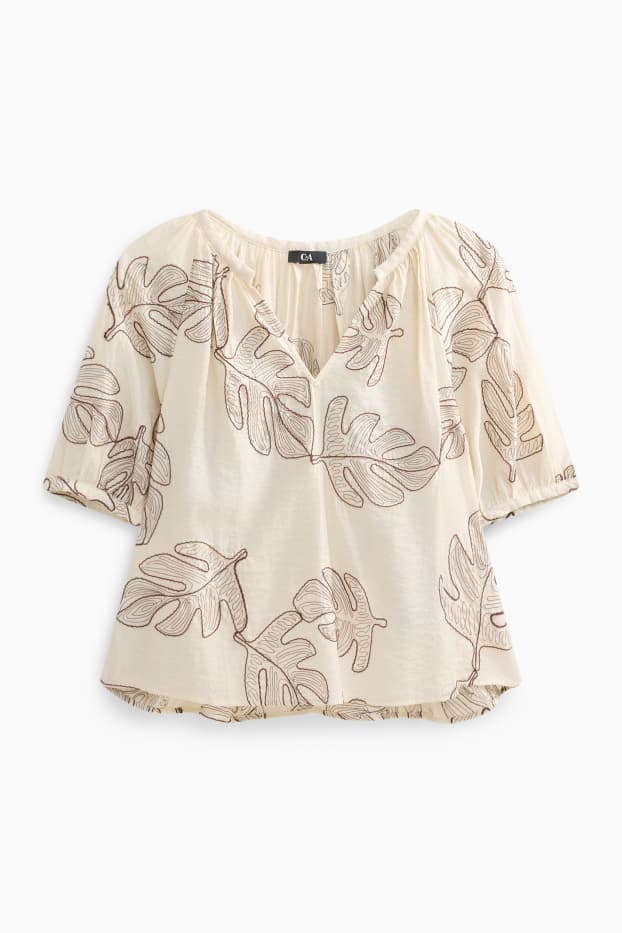 Damen - Bluse mit V-Ausschnitt - gemustert - cremefarben