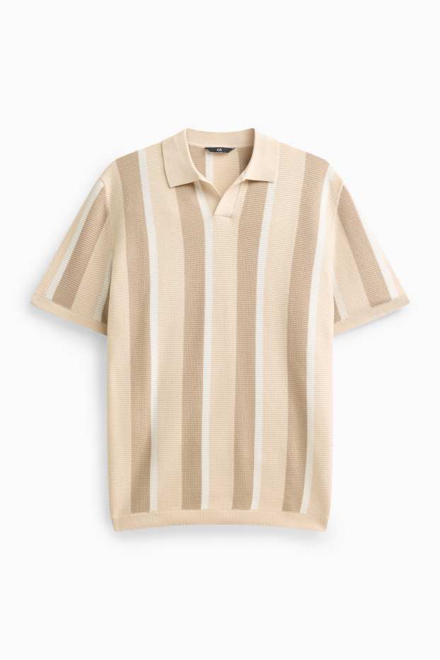 Men - Knitted polo shirt - regular fit - striped - textured - beige