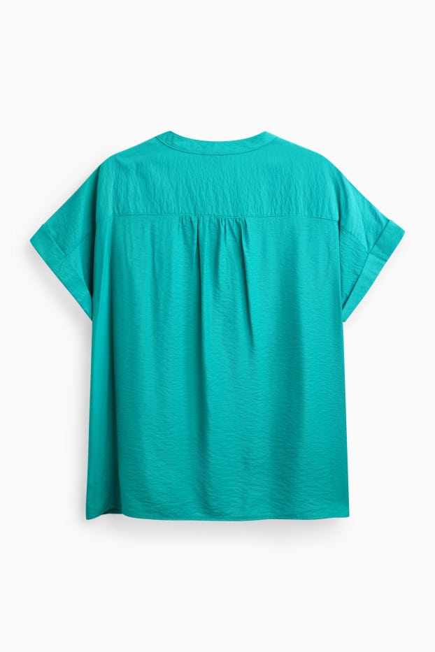 Women - V-neck blouse - textured - turquoise