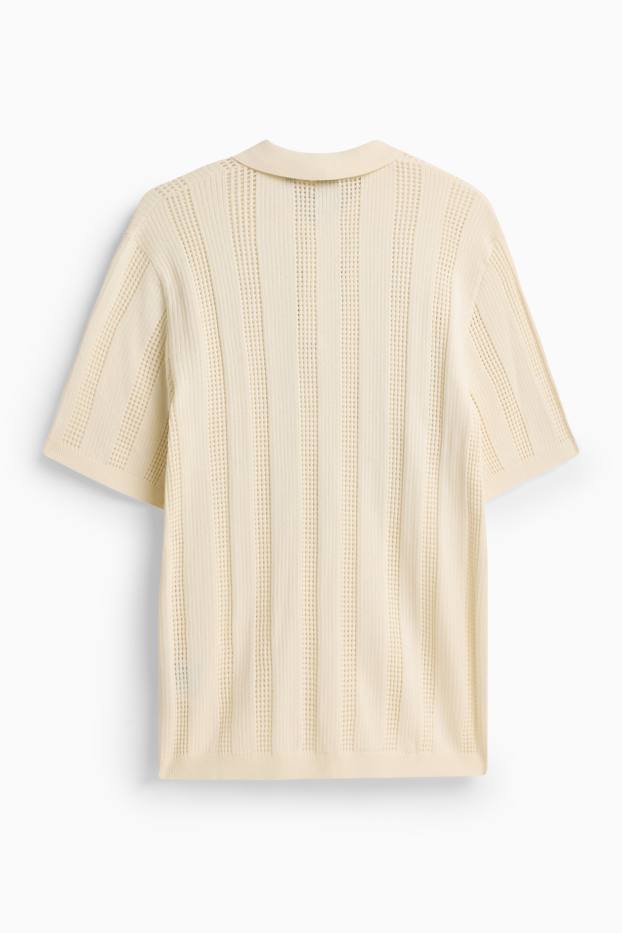 Heren - Gebreid poloshirt - relaxed fit - geribd - gestreept - crèmekleurig