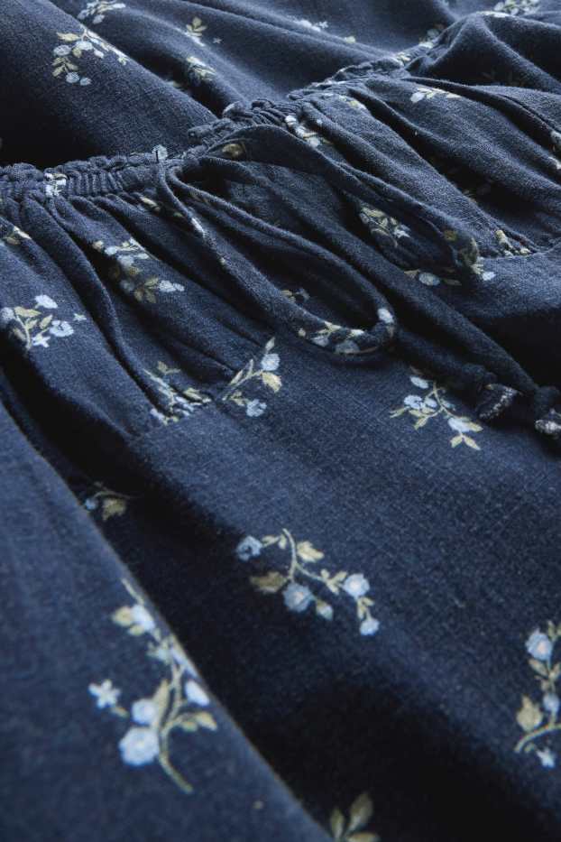 Damen - Kleid mit Schlitz - geblümt - gesmokt - dunkelblau