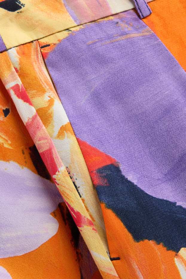 Dámské - Plátěné kalhoty - high waist - wide leg - s květinovým vzorem - oranžová