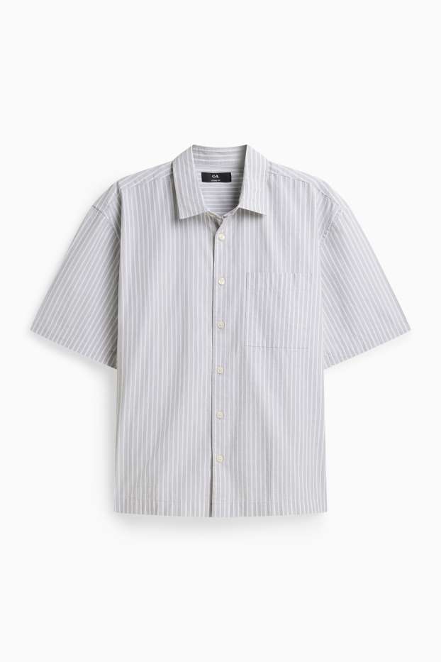 Men - Shirt - loose fit - kent collar - striped - light gray