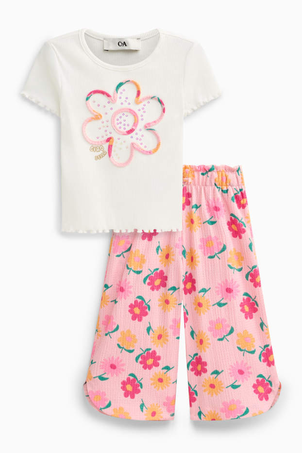 Kinder Mädchen - Blümchen - Set - Kurzarmshirt und Hose - 2 teilig - weiß / rosa