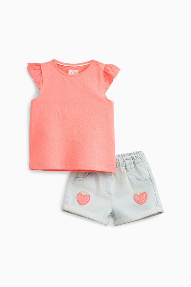 Baby Mädchen - Erdbeere - Baby-Outfit - 2 teilig - gemustert - pink / hellblau