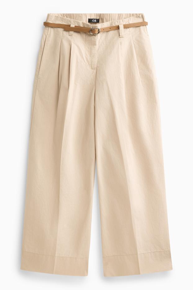 Femmes - Pantalon en toile court avec ceinture - high waist - wide leg - beige