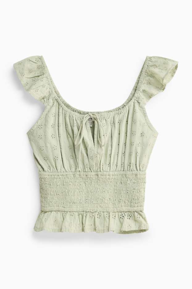 Damen - Crop Bluse - Broderie Anglaise - hellgrün