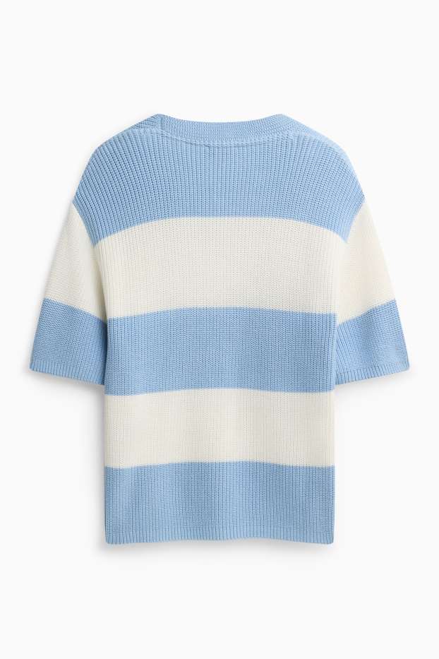 Femmes - Pull en maille - manches courtes - finition côtelée - à rayures - bleu / blanc