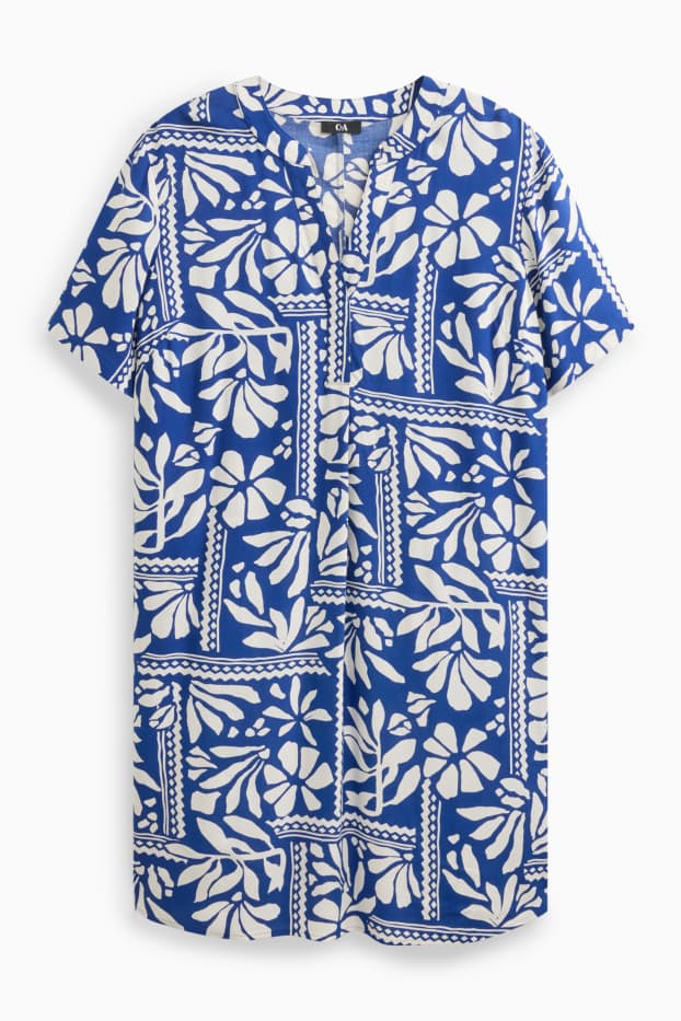 Damen - Kleid mit V-Ausschnitt - gemustert - blau / weiß