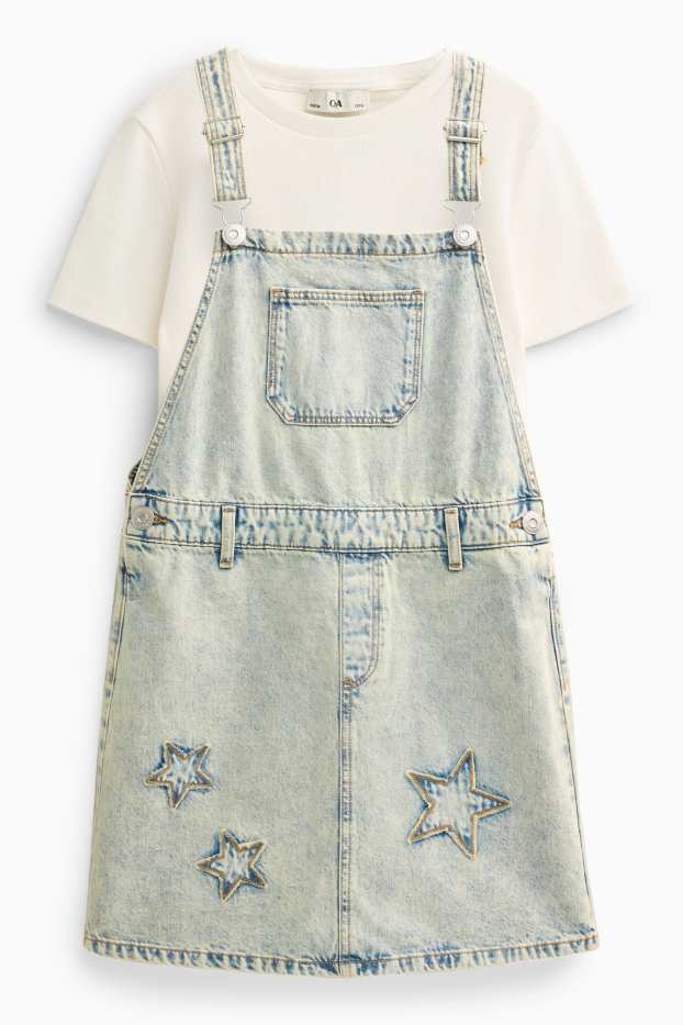 Kinder Mädchen - Set - Kurzarmshirt und Jeans-Latzkleid - 2 teilig - weiß / hellblau