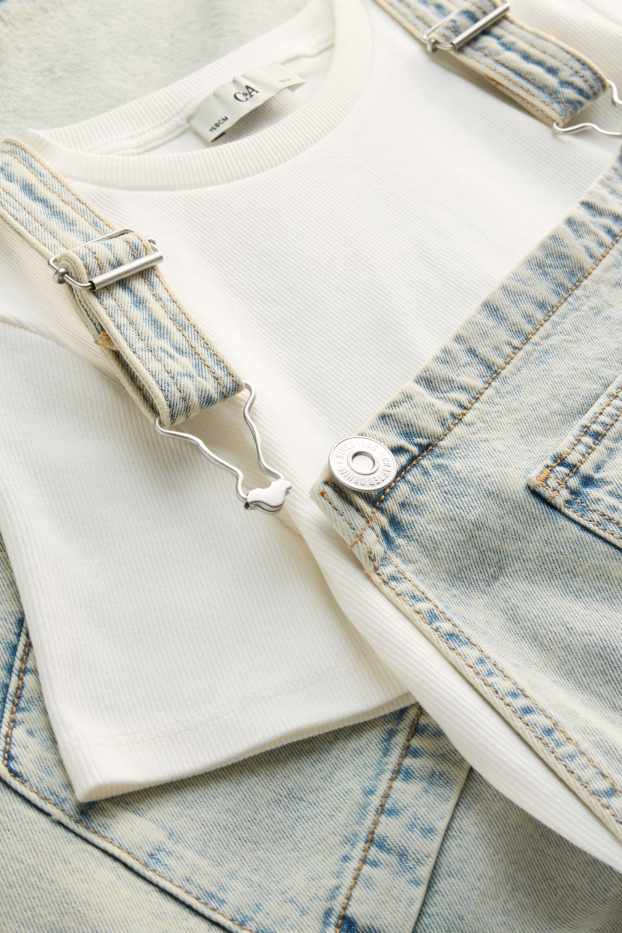 Kinder Mädchen - Set - Kurzarmshirt und Jeans-Latzkleid - 2 teilig - weiß / hellblau