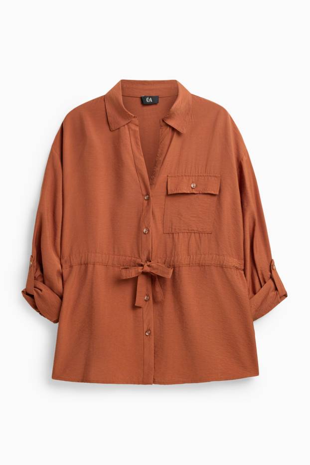 Damen - Leinen-Bluse mit Knotendetail und V-Ausschnitt - rostbraun