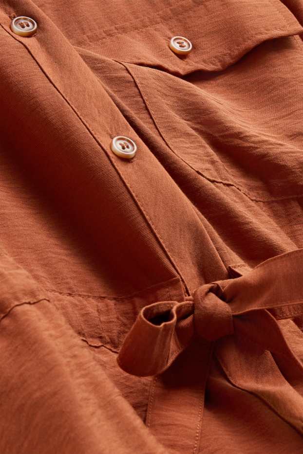 Damen - Leinen-Bluse mit Knotendetail und V-Ausschnitt - rostbraun