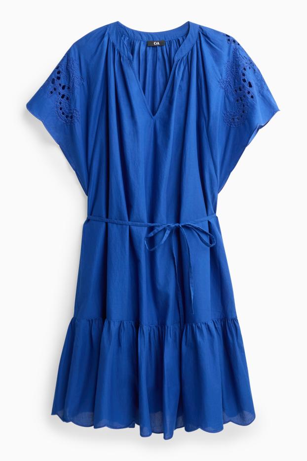 Damen - A-Linien Kleid mit V-Ausschnitt - Broderie Anglaise - blau