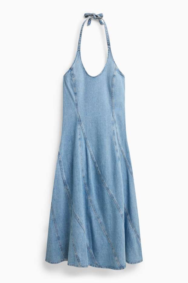 Women - Denim dress with V-neck - blue denim