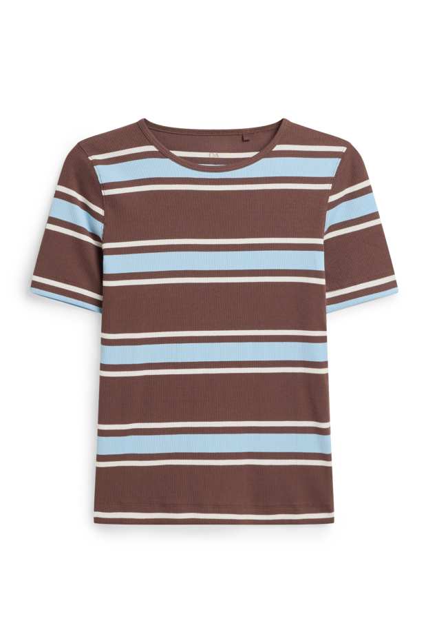 Women - T-shirt - slim fit - ribbed - striped - brown / blue