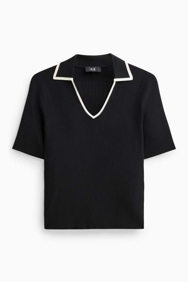 Damen - Strickpullover - kurzarm - gerippt - schwarz