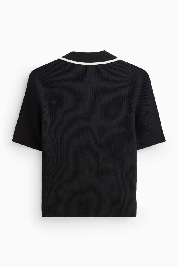 Damen - Strickpullover - kurzarm - gerippt - schwarz