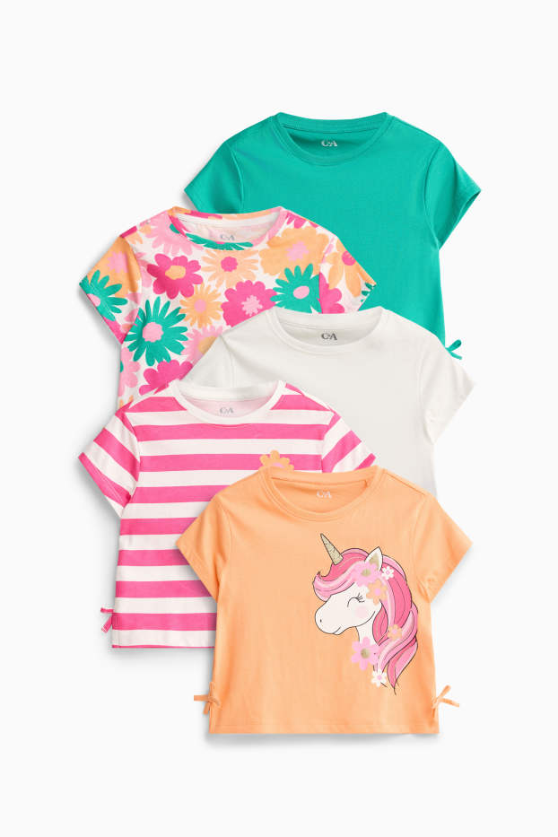 Kinder Mädchen - Multipack 5er - Einhorn und Blume - Kurzarmshirt - grün