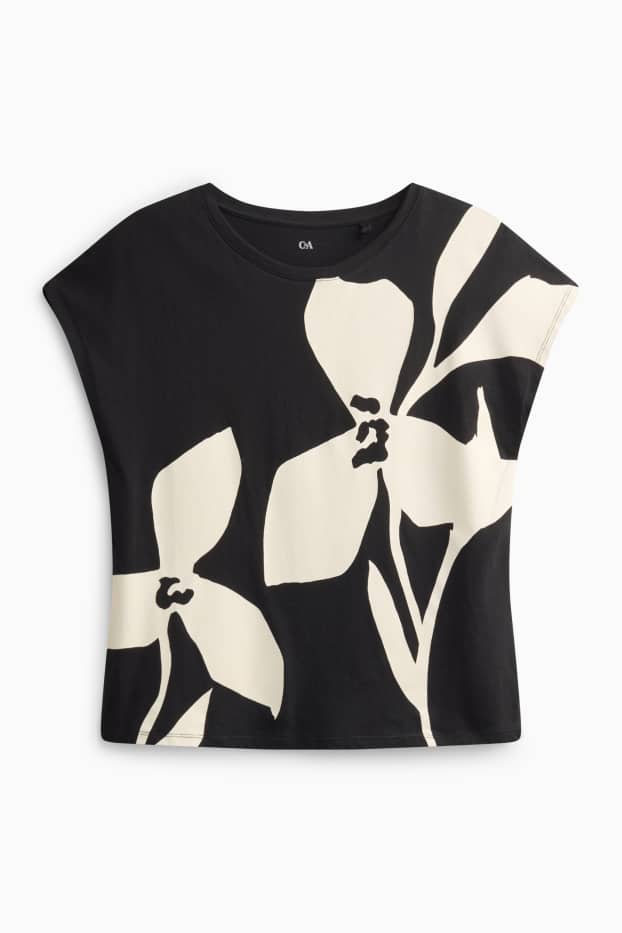 Dames - T-shirt - regular fit - gebloemd - zwart / wit