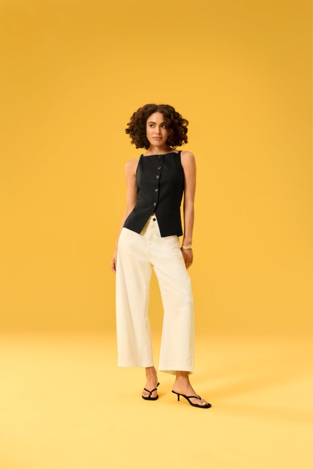 Damen - Stoffhose mit Gürtel - High Waist - Barrel Leg - weiß