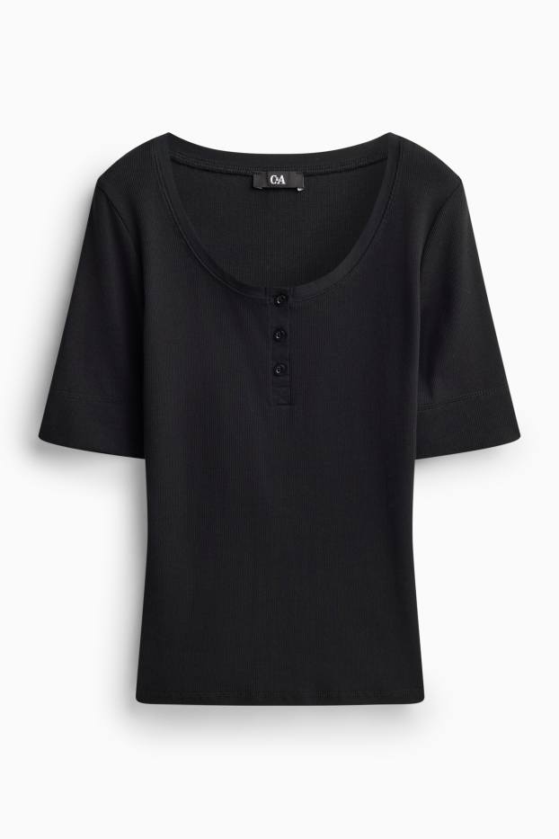 Damen - Henley-Shirt - Slim-Fit - gerippt - schwarz