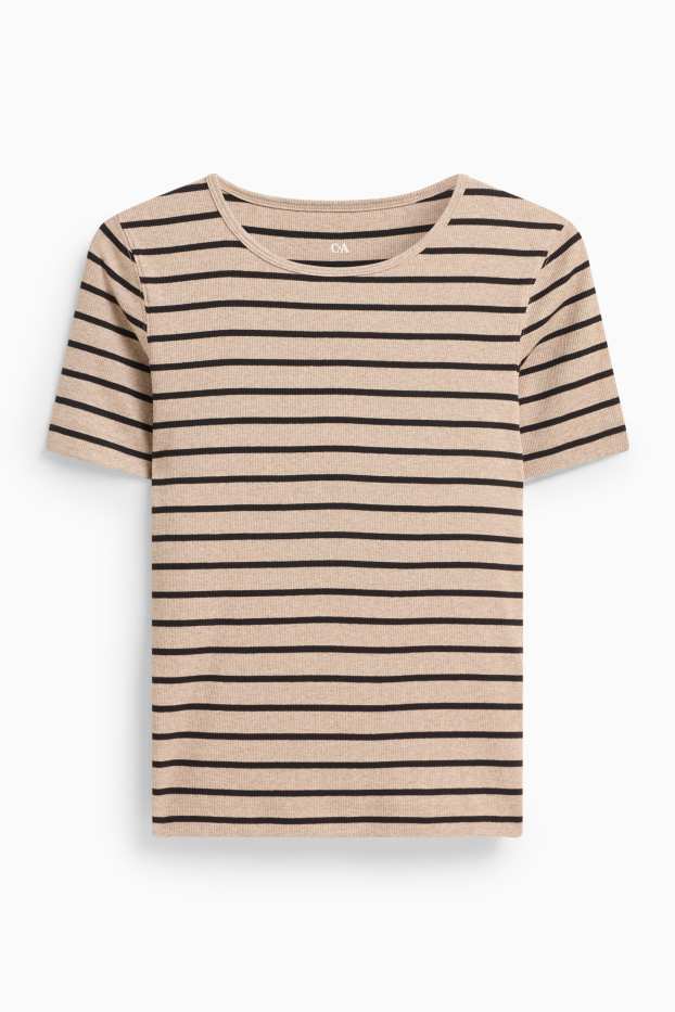 Dona - Samarreta de màniga curta - slim fit - acanalada - de ratlles - marró