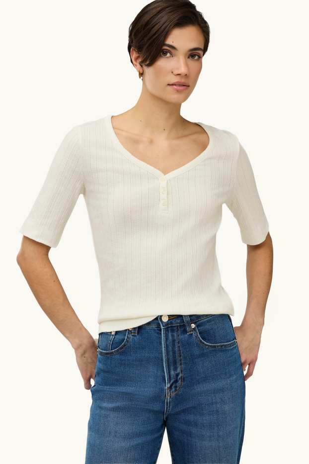 Damen - Henley-Shirt - Regular Fit - gerippt - weiß
