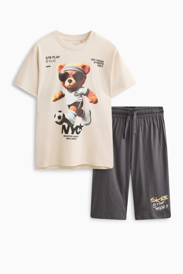 Kinder Buben - Teddybär - Set - Kurzarmshirt und Shorts - 2 teilig - beige