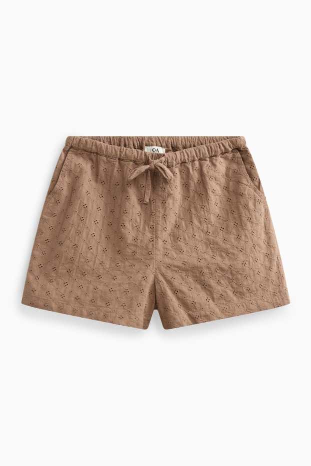 Damen - Shorts - Mid Waist - Broderie Anglaise - hellbraun