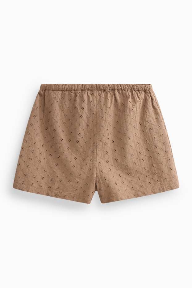 Damen - Shorts - Mid Waist - Broderie Anglaise - hellbraun