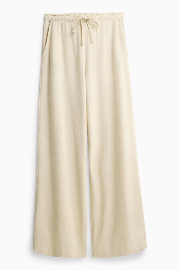 Damen - Stoffhose mit Leinen-Anteil - High Waist - Wide Leg - cremefarben