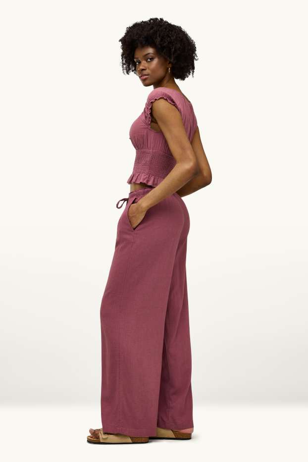 Damen - Stoffhose mit Leinen-Anteil - High Waist - Wide Leg - dunkelrot